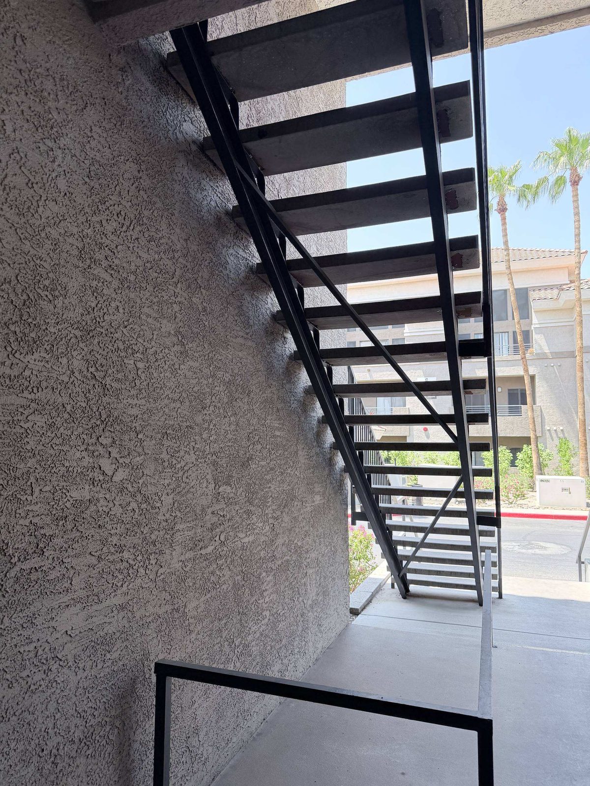 Exterior steel stair underside